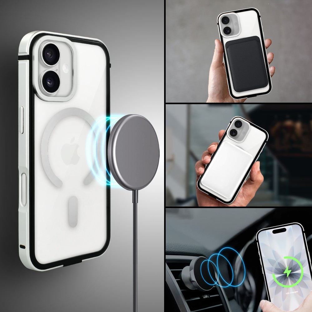 Etui do iPhone 17 IBIZU Elite Skin z MagSafe, krystalicznie czyste z metalową ramką, srebrne Obszar kompozycji 3