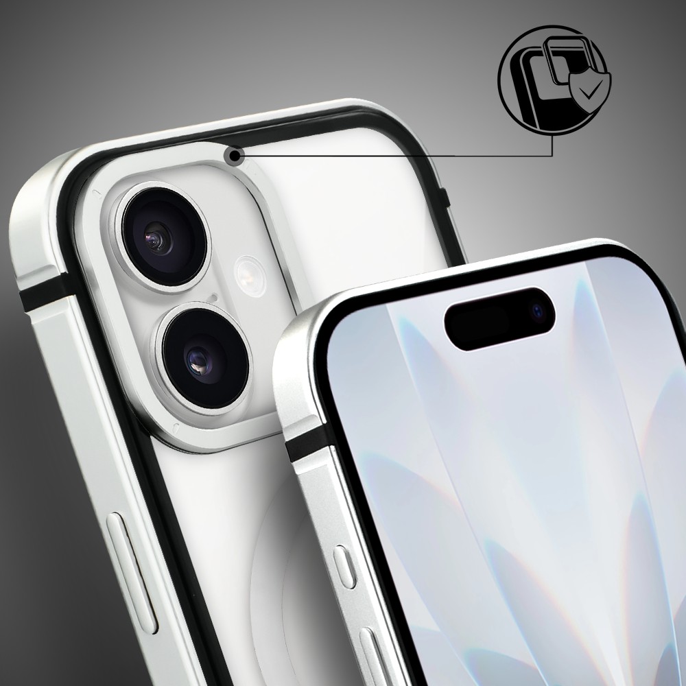 Etui do iPhone 17 IBIZU Elite Skin z MagSafe, krystalicznie czyste z metalową ramką, srebrne Obszar kompozycji 5
