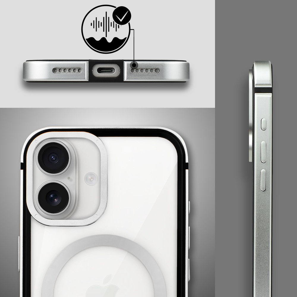 Etui do iPhone 17 IBIZU Elite Skin z MagSafe, krystalicznie czyste z metalową ramką, srebrne Obszar kompozycji 6