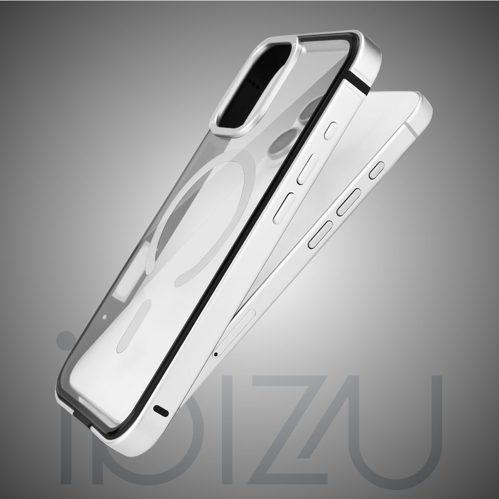 Etui do iPhone 17 IBIZU Elite Skin z MagSafe, krystalicznie czyste z metalową ramką, srebrne Obszar kompozycji 8