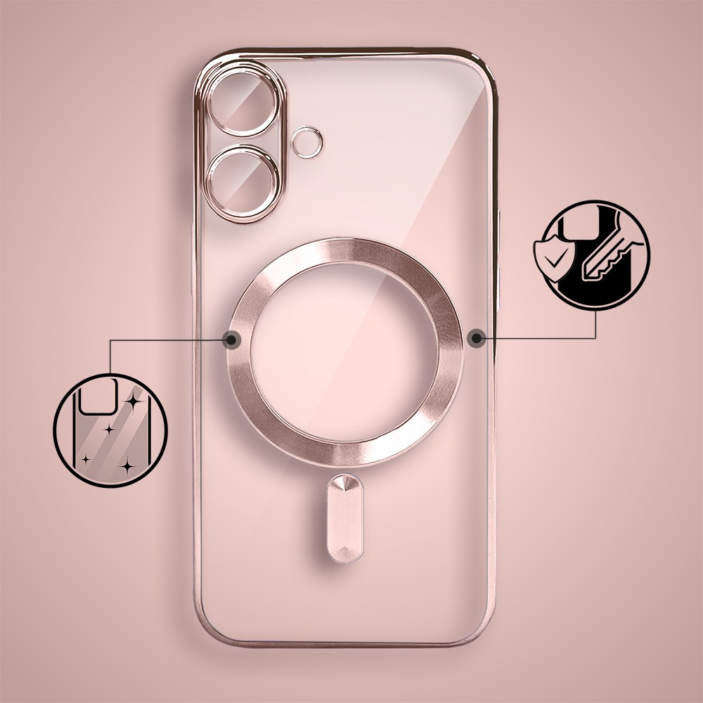 Etui do iPhone 17 MagSafe Luxury Protect przeźroczyste, hybrydowa ochrona kamery, różowe złoto Artboard 2