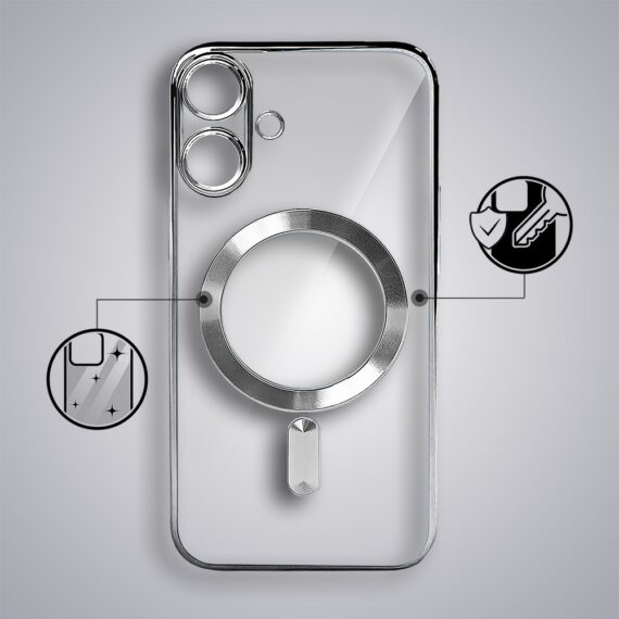 Etui do iPhone 17 MagSafe Luxury Protect przeźroczyste, hybrydowa ochrona kamery, srebrne Artboard 2