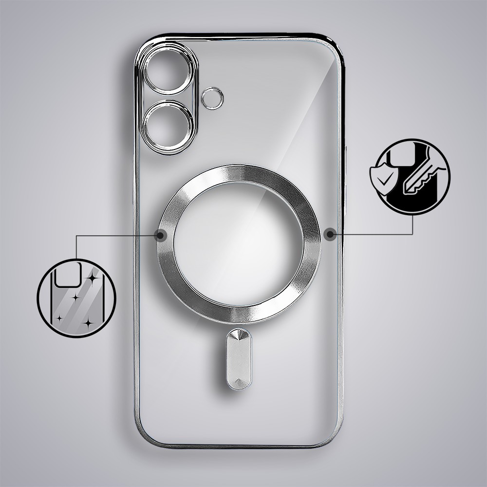 Etui do iPhone 17 MagSafe Luxury Protect przeźroczyste, hybrydowa ochrona kamery, srebrne Artboard 2