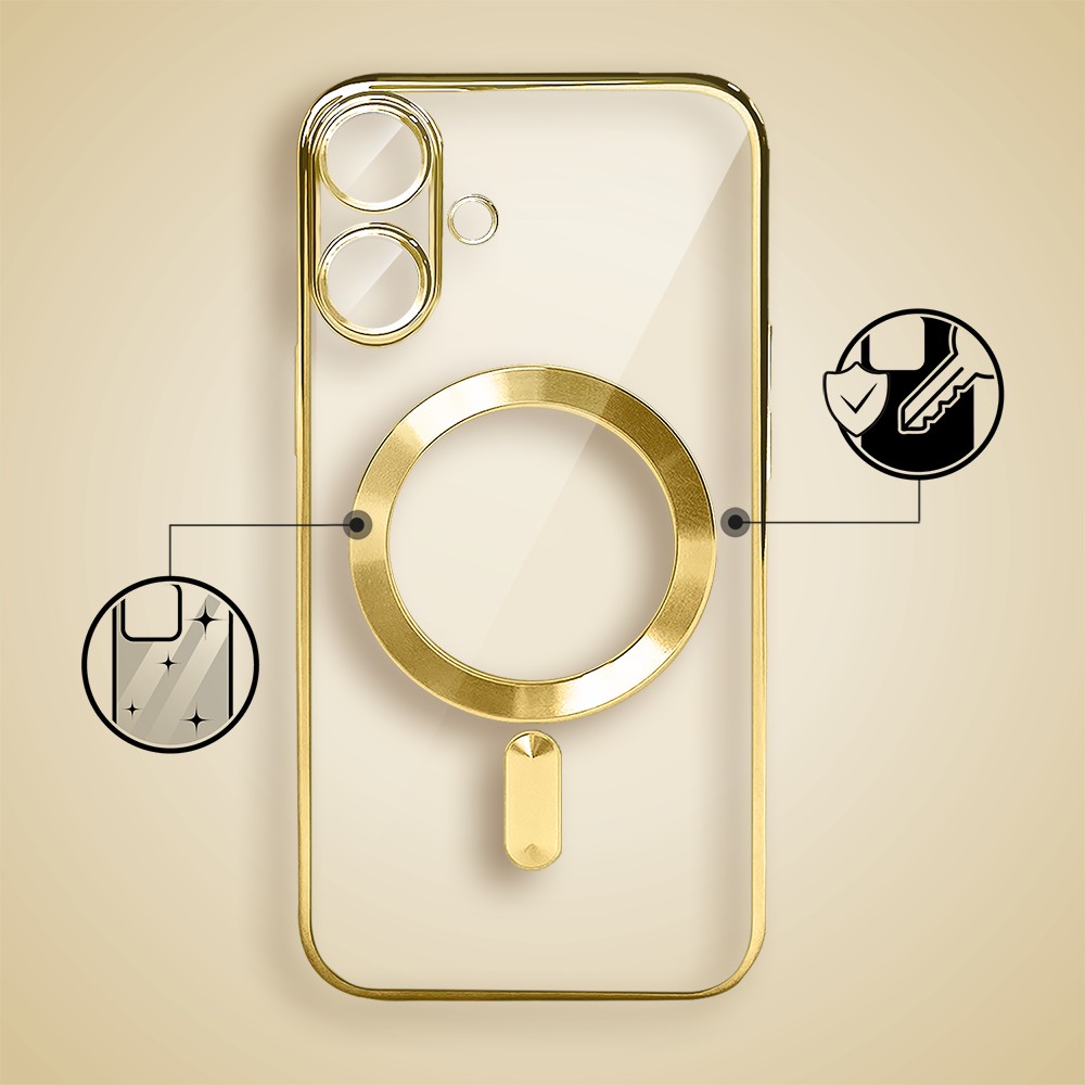 Etui do iPhone 17 MagSafe Luxury Protect przeźroczyste, hybrydowa ochrona kamery, złote Artboard 2