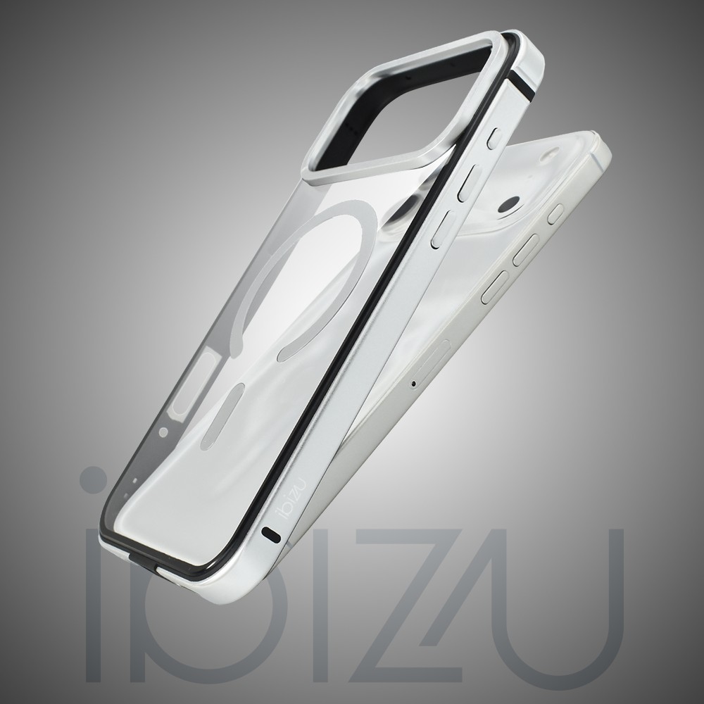 Etui do iPhone 17 Pro Max IBIZU Elite Skin z MagSafe, krystalicznie czyste z metalową ramką, srebrneArtboard 2