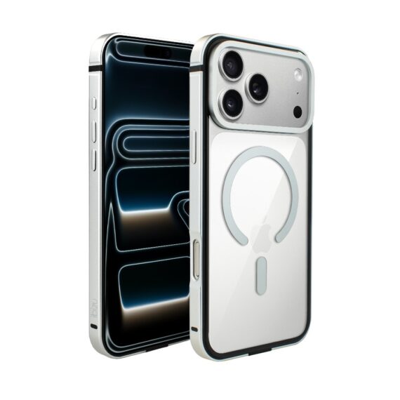 Etui do iPhone 17 Pro Max IBIZU Elite Skin z MagSafe, krystalicznie czyste z metalową ramką, srebrneObszar kompozycji 1