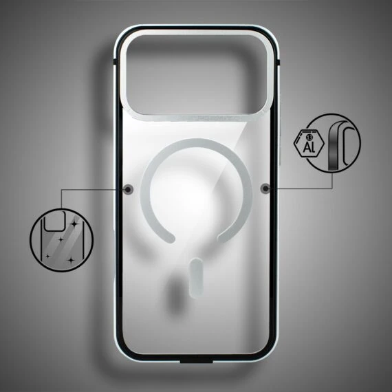 Etui do iPhone 17 Pro Max IBIZU Elite Skin z MagSafe, krystalicznie czyste z metalową ramką, srebrneObszar kompozycji 2