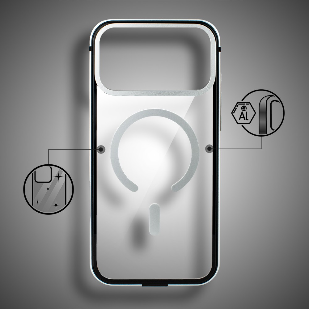 Etui do iPhone 17 Pro Max IBIZU Elite Skin z MagSafe, krystalicznie czyste z metalową ramką, srebrneObszar kompozycji 2
