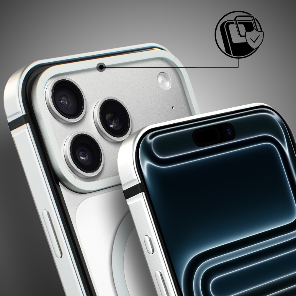 Etui do iPhone 17 Pro Max IBIZU Elite Skin z MagSafe, krystalicznie czyste z metalową ramką, srebrneObszar kompozycji 5