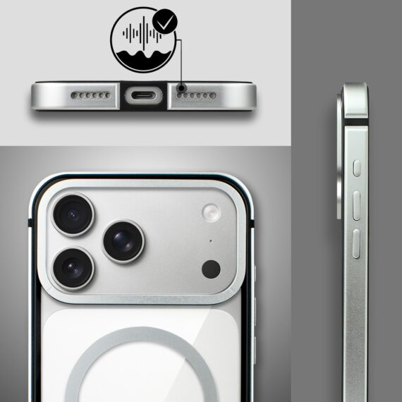 Etui do iPhone 17 Pro Max IBIZU Elite Skin z MagSafe, krystalicznie czyste z metalową ramką, srebrneObszar kompozycji 6