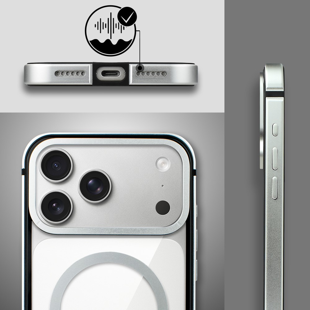 Etui do iPhone 17 Pro Max IBIZU Elite Skin z MagSafe, krystalicznie czyste z metalową ramką, srebrneObszar kompozycji 6