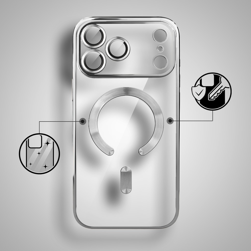 Etui do iPhone 17 Pro Max MagSafe Luxury Protect przeźroczyste, hybrydowa ochrona kamery, srebrneObszar kompozycji 2