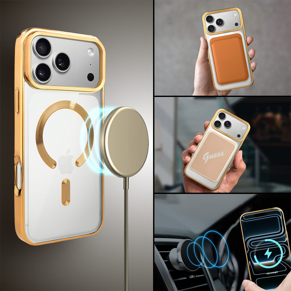 Etui do iPhone 17 Pro Max, MagSafe Luxury, przeźroczyste, złote (5)