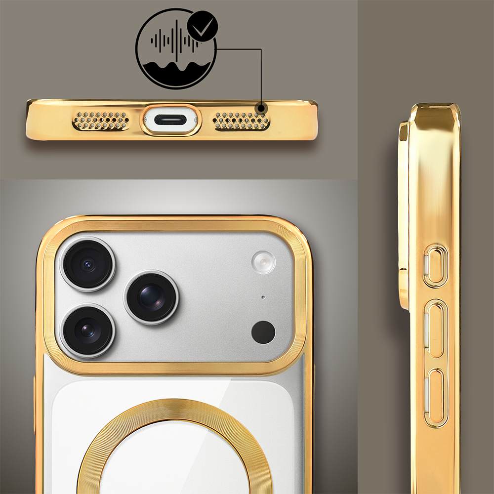 Etui do iPhone 17 Pro Max, MagSafe Luxury, przeźroczyste, złote (8)