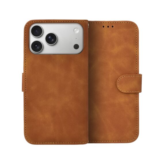 Etui do iPhone 17 Pro Max książkowe Velvet Touch, aksamitne, portfelowe z zamknięciem, brązowe Artboard 1