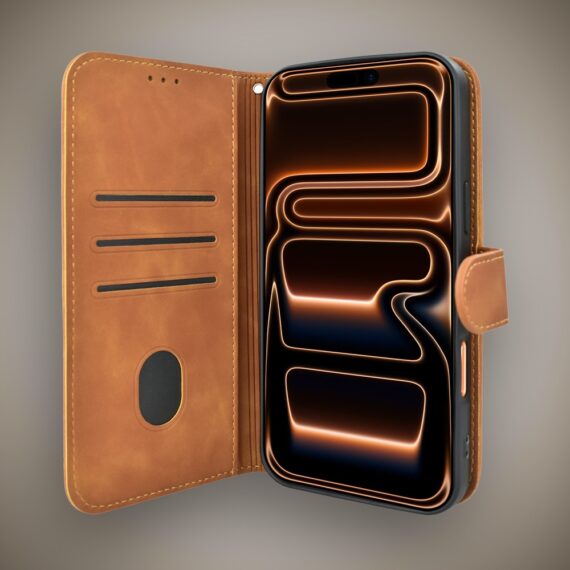 Etui do iPhone 17 Pro Max książkowe Velvet Touch, aksamitne, portfelowe z zamknięciem, brązowe Artboard 2