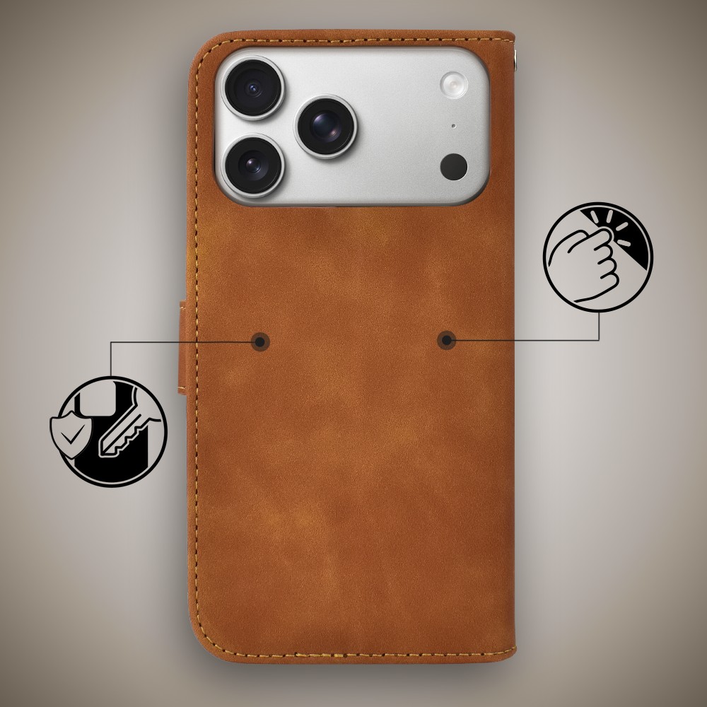Etui do iPhone 17 Pro Max książkowe Velvet Touch, aksamitne, portfelowe z zamknięciem, brązowe Obszar kompozycji 2