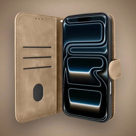 Etui do iPhone 17 Pro książkowe Velvet Touch, aksamitne, portfelowe z zamknięciem, beżoweArtboard 2