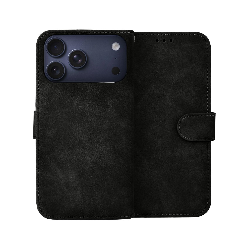 Etui do iPhone 17 Pro książkowe Velvet Touch, aksamitne, portfelowe z zamknięciem, czarne Artboard 1