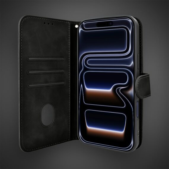Etui do iPhone 17 Pro książkowe Velvet Touch, aksamitne, portfelowe z zamknięciem, czarne Artboard 2