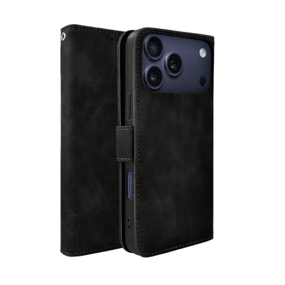 Etui do iPhone 17 Pro książkowe Velvet Touch, aksamitne, portfelowe z zamknięciem, czarne Obszar kompozycji 1