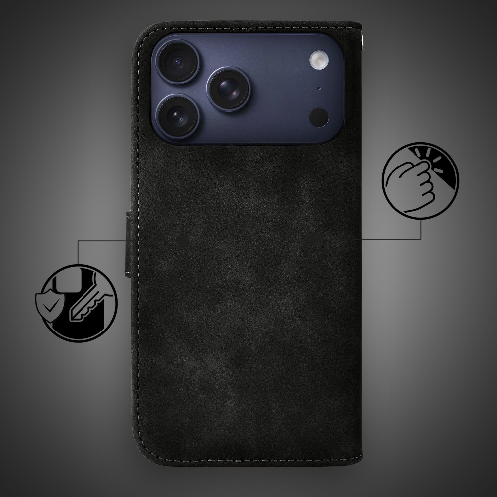 Etui do iPhone 17 Pro książkowe Velvet Touch, aksamitne, portfelowe z zamknięciem, czarne Obszar kompozycji 2