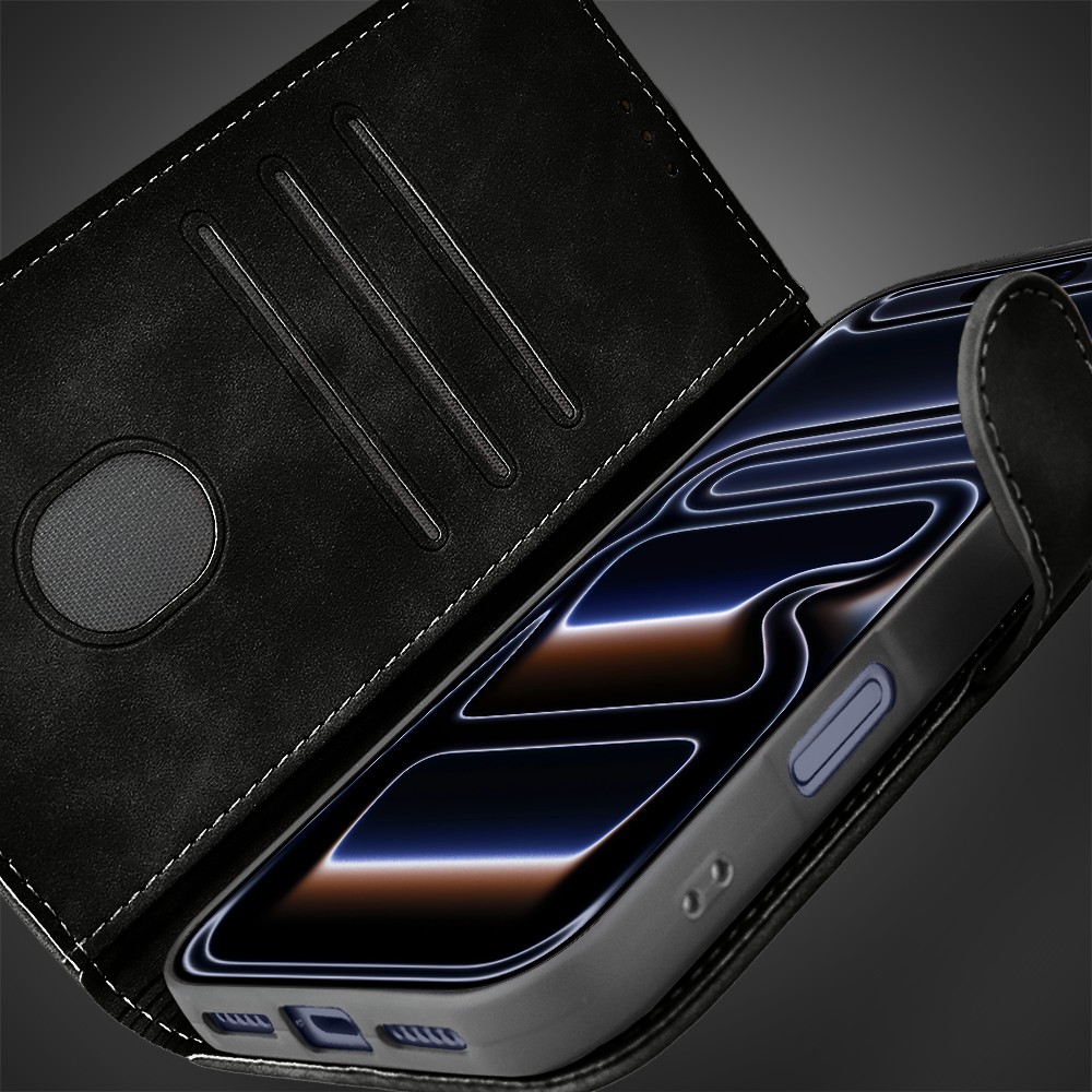 Etui do iPhone 17 Pro książkowe Velvet Touch, aksamitne, portfelowe z zamknięciem, czarne Obszar kompozycji 3