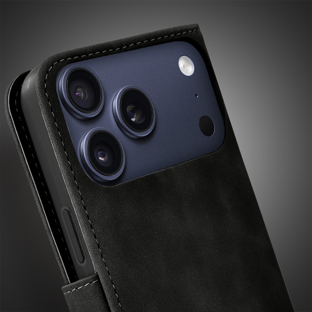 Etui do iPhone 17 Pro książkowe Velvet Touch, aksamitne, portfelowe z zamknięciem, czarne Obszar kompozycji 5