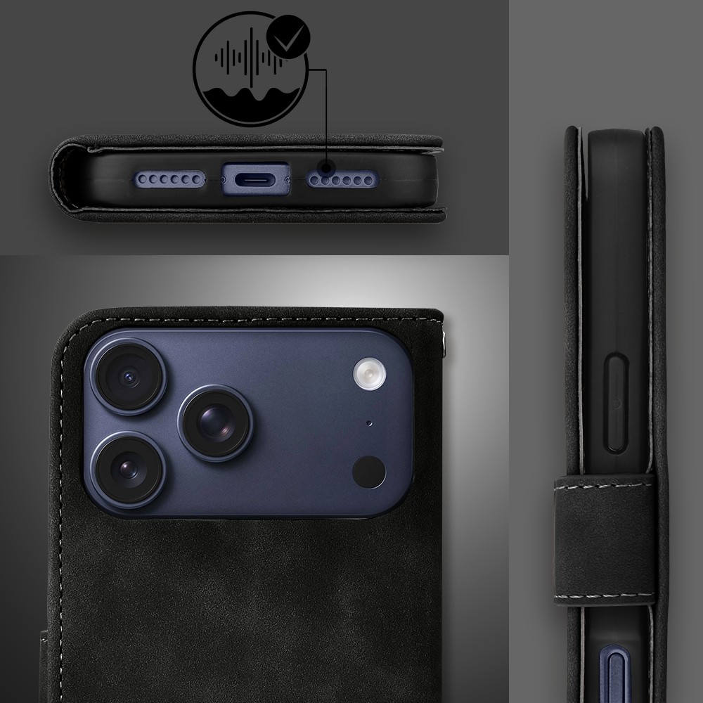 Etui do iPhone 17 Pro książkowe Velvet Touch, aksamitne, portfelowe z zamknięciem, czarne Obszar kompozycji 6