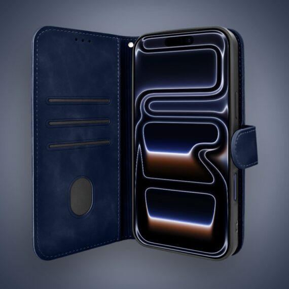 Etui do iPhone 17 Pro książkowe Velvet Touch, aksamitne, portfelowe z zamknięciem, granatoweArtboard 2