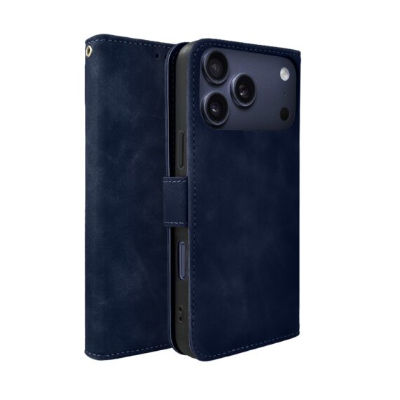 Etui do iPhone 17 Pro książkowe Velvet Touch, aksamitne, portfelowe z zamknięciem, granatoweObszar kompozycji 1
