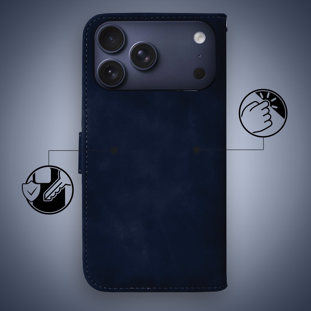 Etui do iPhone 17 Pro książkowe Velvet Touch, aksamitne, portfelowe z zamknięciem, granatoweObszar kompozycji 2
