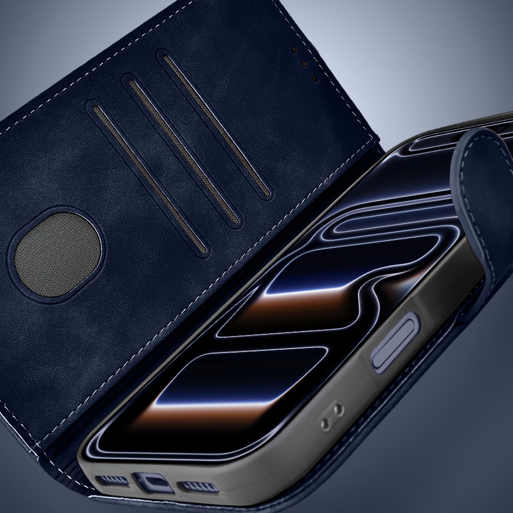 Etui do iPhone 17 Pro książkowe Velvet Touch, aksamitne, portfelowe z zamknięciem, granatoweObszar kompozycji 3