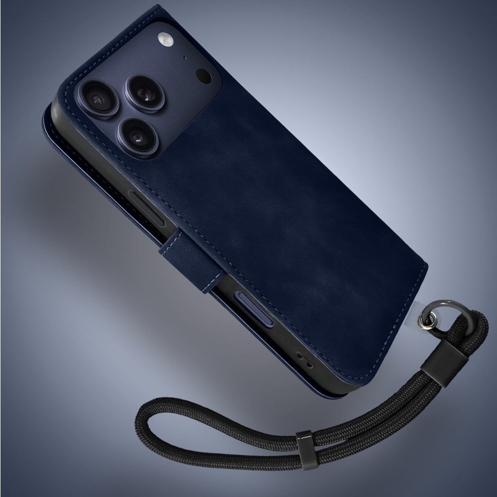 Etui do iPhone 17 Pro książkowe Velvet Touch, aksamitne, portfelowe z zamknięciem, granatoweObszar kompozycji 4