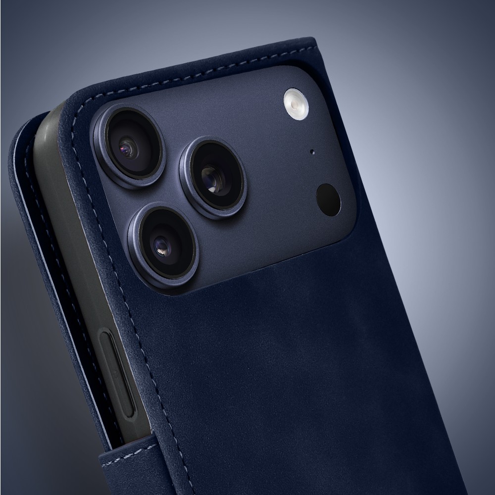 Etui do iPhone 17 Pro książkowe Velvet Touch, aksamitne, portfelowe z zamknięciem, granatoweObszar kompozycji 5