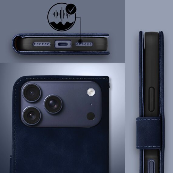 Etui do iPhone 17 Pro książkowe Velvet Touch, aksamitne, portfelowe z zamknięciem, granatoweObszar kompozycji 6