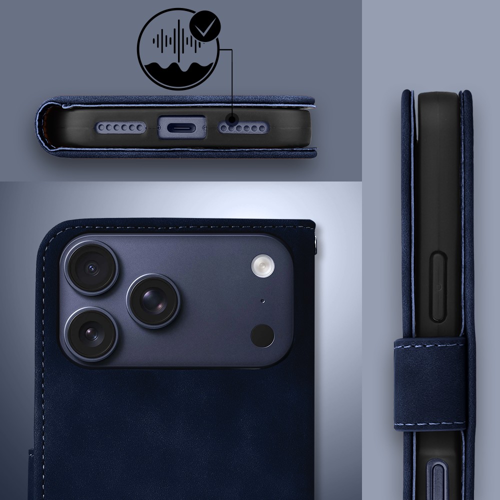 Etui do iPhone 17 Pro książkowe Velvet Touch, aksamitne, portfelowe z zamknięciem, granatoweObszar kompozycji 6