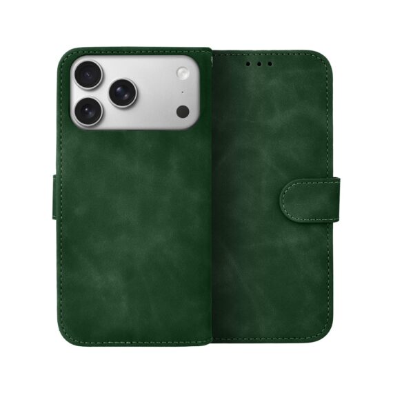 Etui do iPhone 17 Pro książkowe Velvet Touch, aksamitne, portfelowe z zamknięciem, zielone Artboard 1