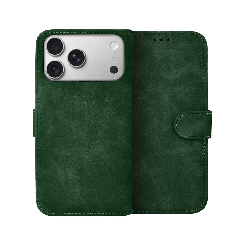 Etui do iPhone 17 Pro książkowe Velvet Touch, aksamitne, portfelowe z zamknięciem, zielone Artboard 1