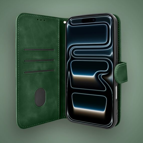 Etui do iPhone 17 Pro książkowe Velvet Touch, aksamitne, portfelowe z zamknięciem, zielone Artboard 2