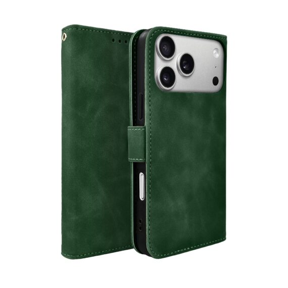 Etui do iPhone 17 Pro książkowe Velvet Touch, aksamitne, portfelowe z zamknięciem, zielone Obszar kompozycji 1