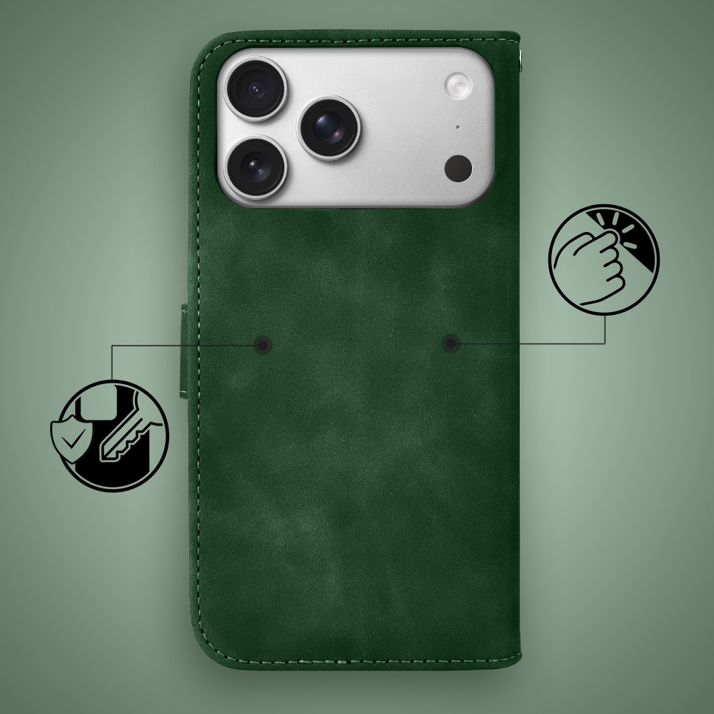 Etui do iPhone 17 Pro książkowe Velvet Touch, aksamitne, portfelowe z zamknięciem, zielone Obszar kompozycji 2