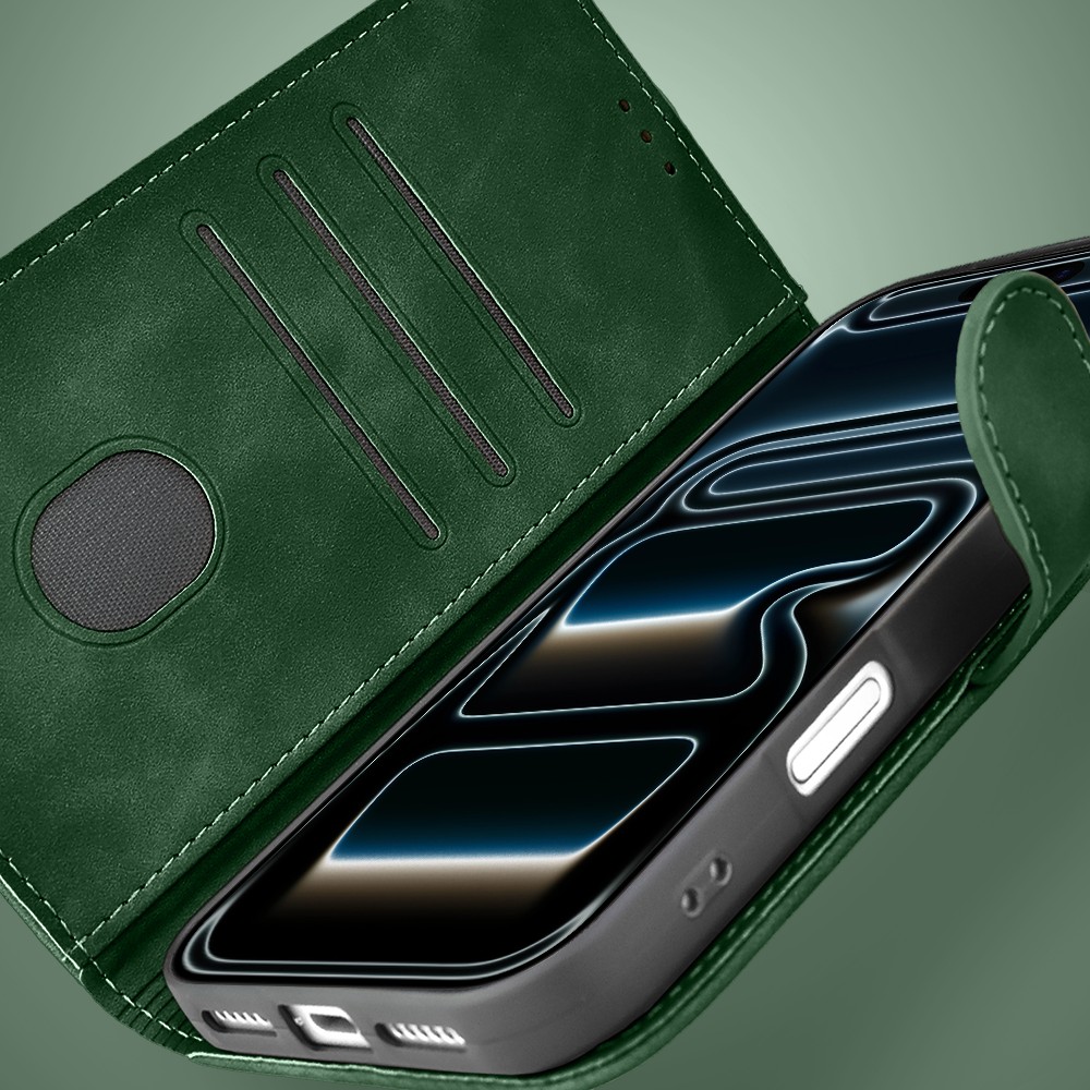 Etui do iPhone 17 Pro książkowe Velvet Touch, aksamitne, portfelowe z zamknięciem, zielone Obszar kompozycji 3
