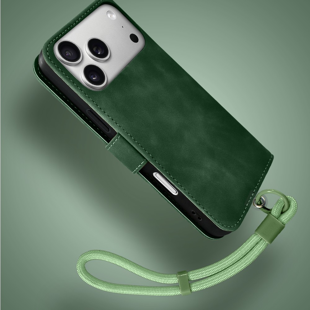 Etui do iPhone 17 Pro książkowe Velvet Touch, aksamitne, portfelowe z zamknięciem, zielone Obszar kompozycji 4
