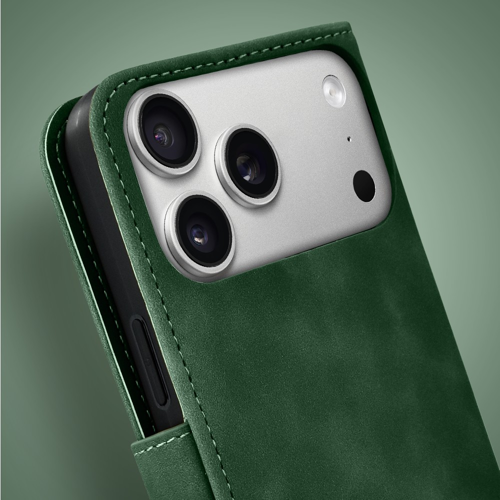 Etui do iPhone 17 Pro książkowe Velvet Touch, aksamitne, portfelowe z zamknięciem, zielone Obszar kompozycji 5