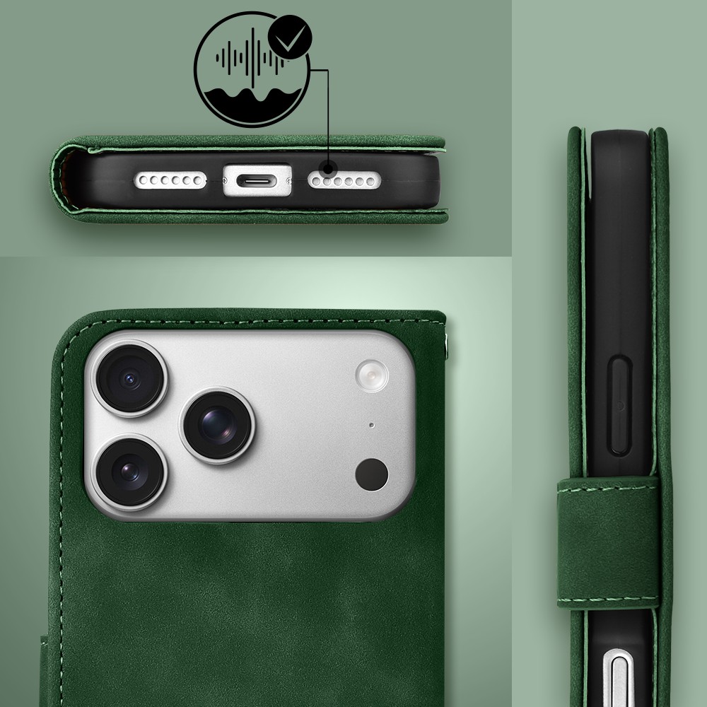 Etui do iPhone 17 Pro książkowe Velvet Touch, aksamitne, portfelowe z zamknięciem, zielone Obszar kompozycji 6