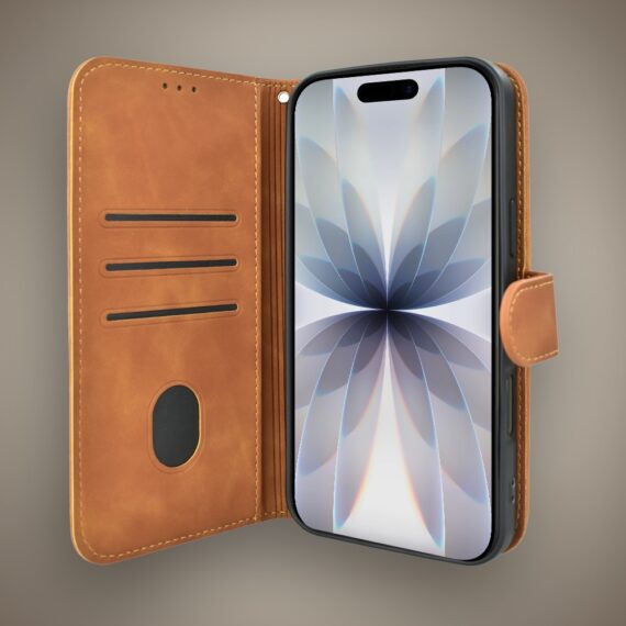 Etui do iPhone 17 książkowe Velvet Touch, aksamitne, portfelowe z zamknięciem, brązowe (2)