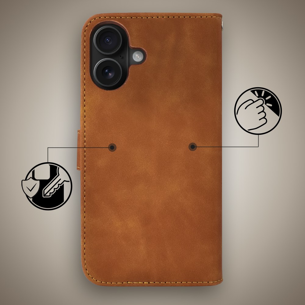 Etui do iPhone 17 książkowe Velvet Touch, aksamitne, portfelowe z zamknięciem, brązowe (4)