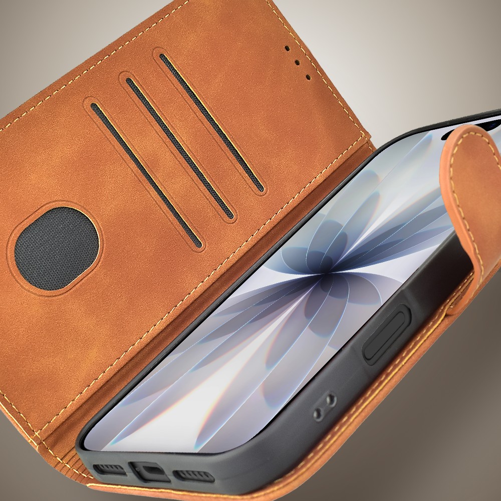 Etui do iPhone 17 książkowe Velvet Touch, aksamitne, portfelowe z zamknięciem, brązowe (5)