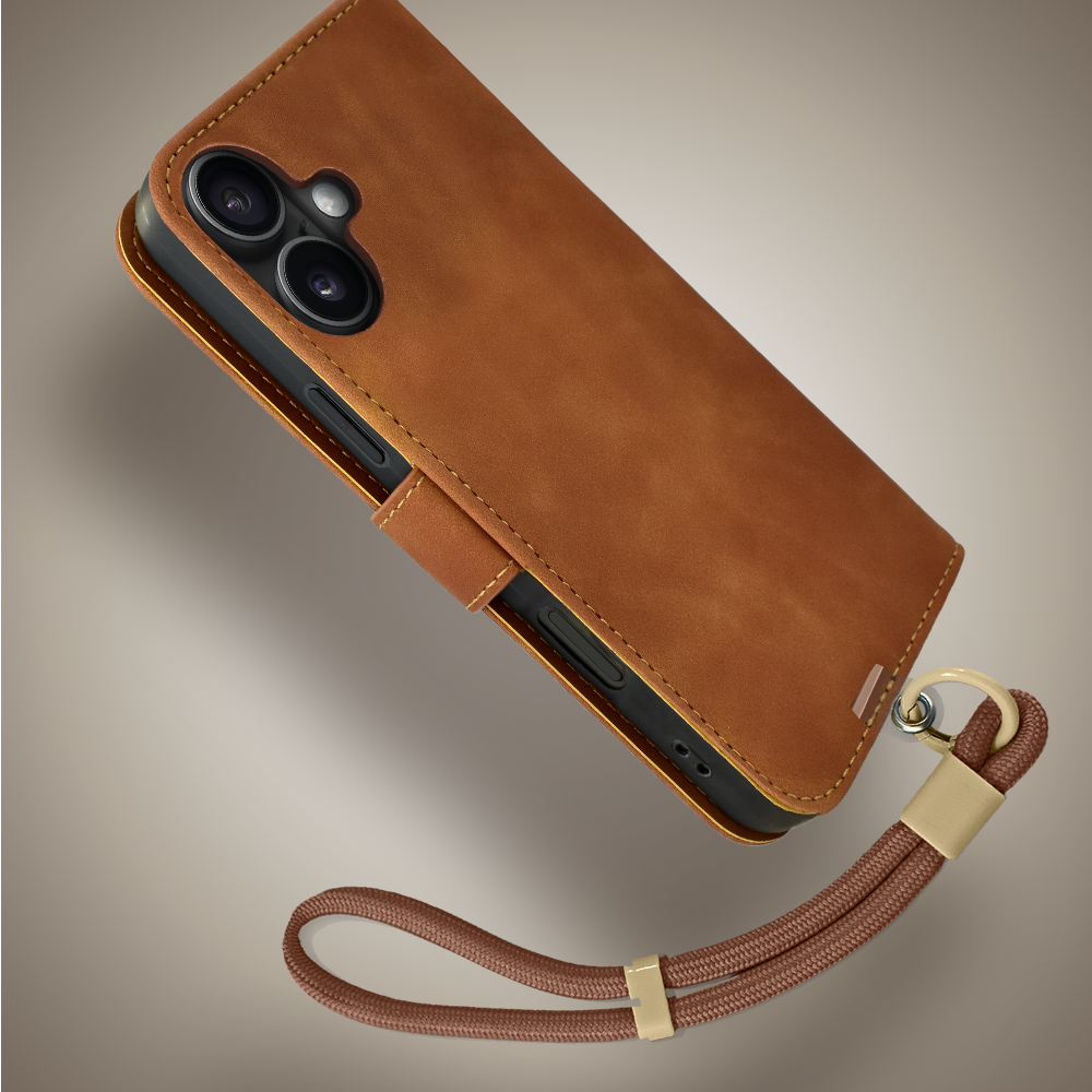 Etui do iPhone 17 książkowe Velvet Touch, aksamitne, portfelowe z zamknięciem, brązowe (6)